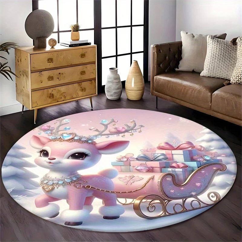 Pink Reindeer Sleigh Round Carpet Circular Floor Throw Indoor Home Floor Covering Cute Fantasy Floor Accent Mat for Living Room