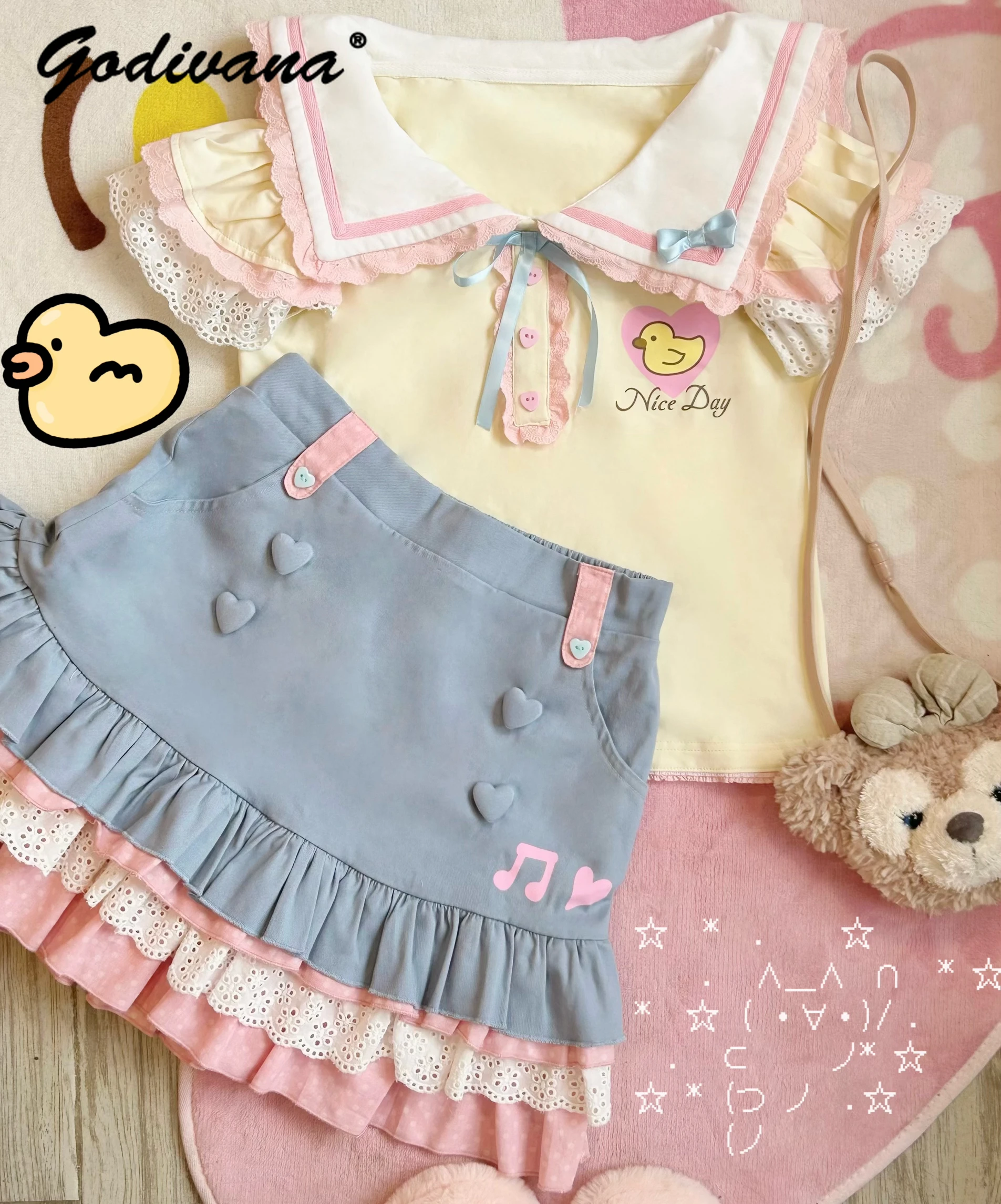 Sweet 2024 New Summer Girls Embroidery Short Sleeve T-shirt Top Pink Blue Lace Polka-Dot Tiered-Ruffle Skirt 2 Piece Set Outfit