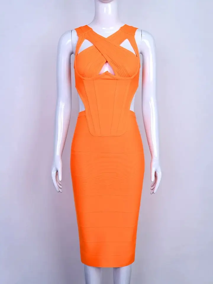 open lace back dress Kira Side Knot Orange Bandage Dress – Blush Boutique main image 1