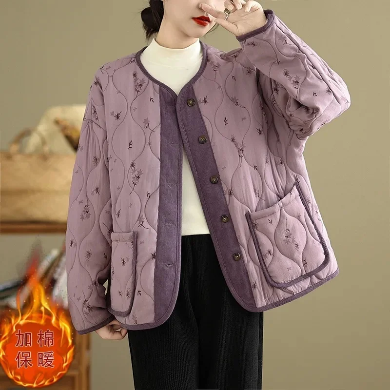 Women's Floral Printed Quilted Jacket Large Size Thickened Warm Casual Loose Fit Spring Autumn Outerwear