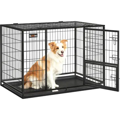 42.1 Inch Heavy Duty Metal Dog Crate with Double Doors and Feeding Door Removable Tray Easy to Clean XL Pet Kennel for Large an