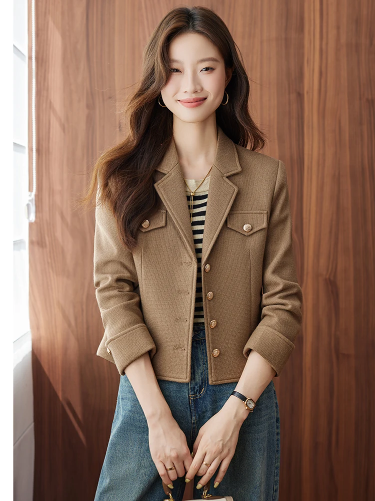 

Caramel Color Short Casual Women's Suit Jacket Elegant Style Standard Version Warm Long Sleeve Single Button Closure Coat