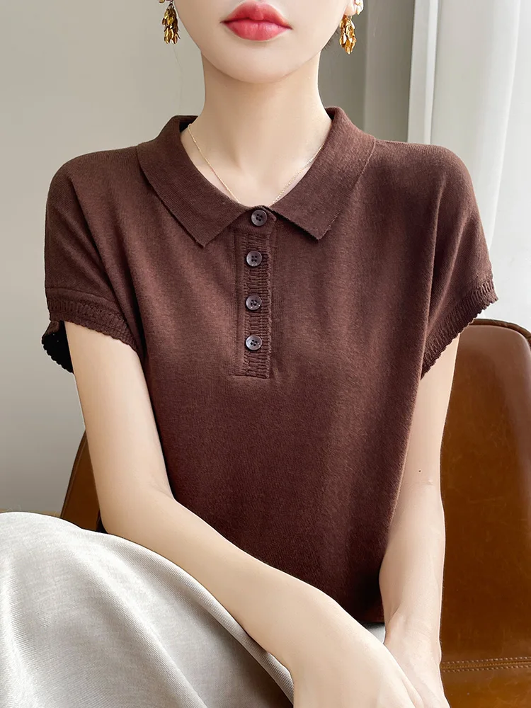 

Summer Ice Silk Knitted Ne ort Sve T-irt Women's Casual Loose Faion Top Korean Sle Regular Length Pure Color