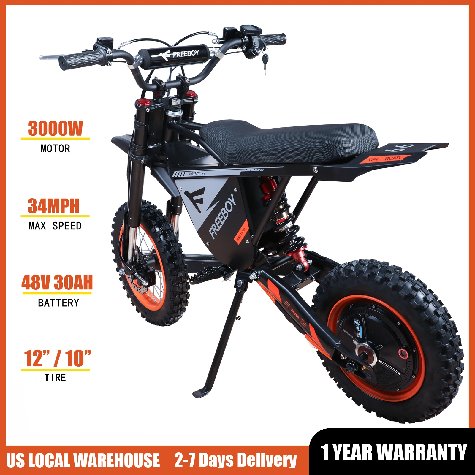

FREEBOY Powerful Electric Dirt Bike for Teens, 3000W Electric Motorcycle, 12''/10'' Off Tires, 34mph, 31miles Long Range Battery