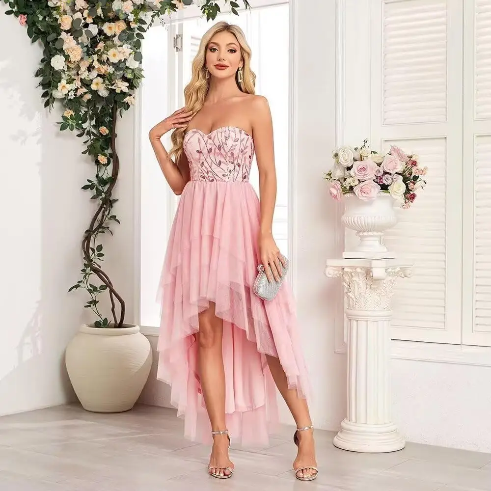 فساتين وصيفة العروس من الترتر على شكل حرف A من التول المطرز على شكل قلب وحزام سباغيتي فستان رسمي للحفلات للنساء للسهرات