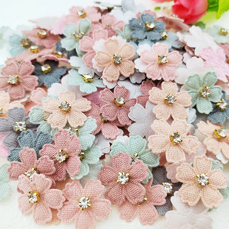 100Pcs 2.3CM Flower With Rhinestone Applique For Clothes Hat Sewing Patches DIY Headwear Hair Clips Bow Decor Accessories