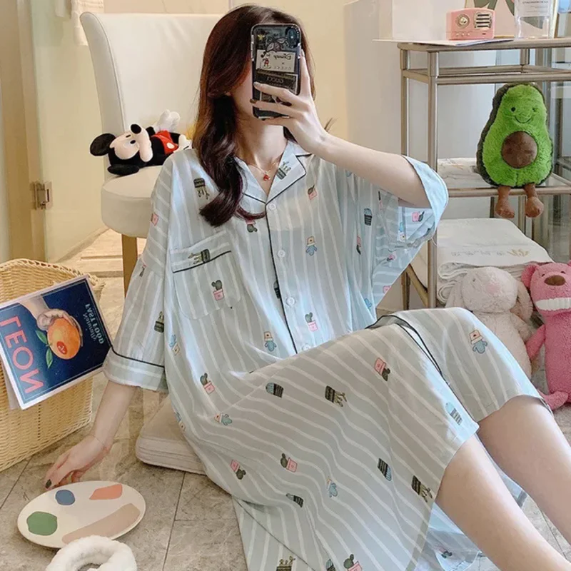 2022 New Summer Women Striped Nightgown Cotton Sleep Shirt Sleepwear Printed Night Dress Plus Size Nightwear Loose Lingerie Robe
