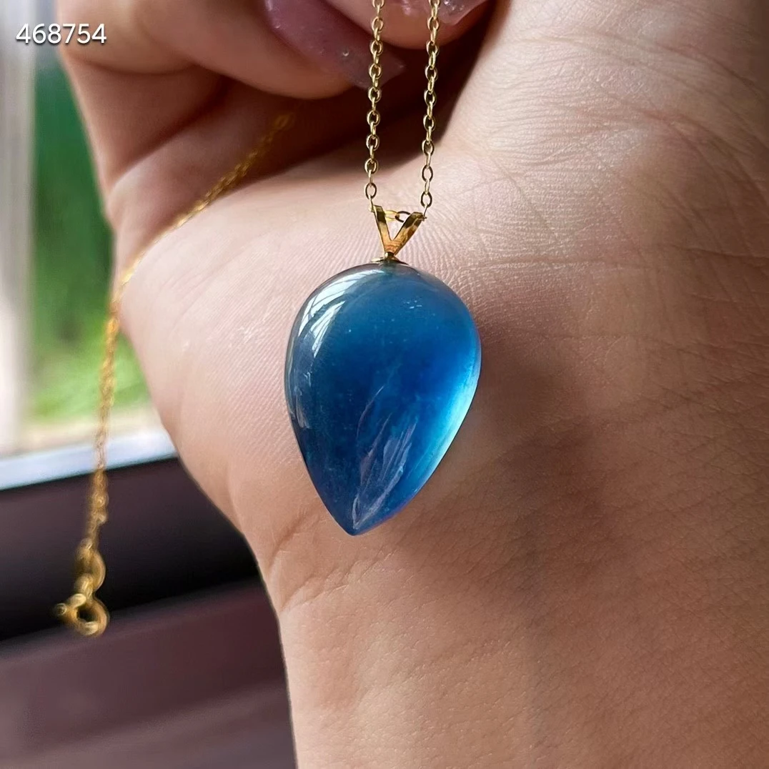 

Natural Blue Aquamarine Quartz Radish Pendant 22.8*16*9.3mm Jewelry 18K Gold Deep Blue Aquamarine Oval Necklace AAAAA