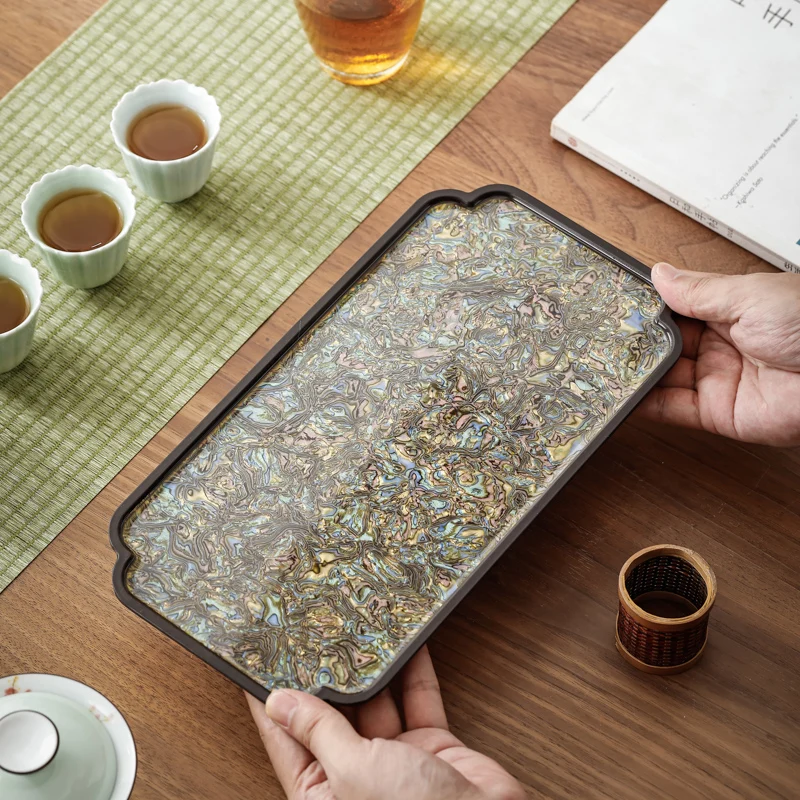 

Tea Set Rectangular Lacquerware Tea Tray with Mother-of-Pearl Inlay Heat Resistant Pad Vintage Style Handmade Wood