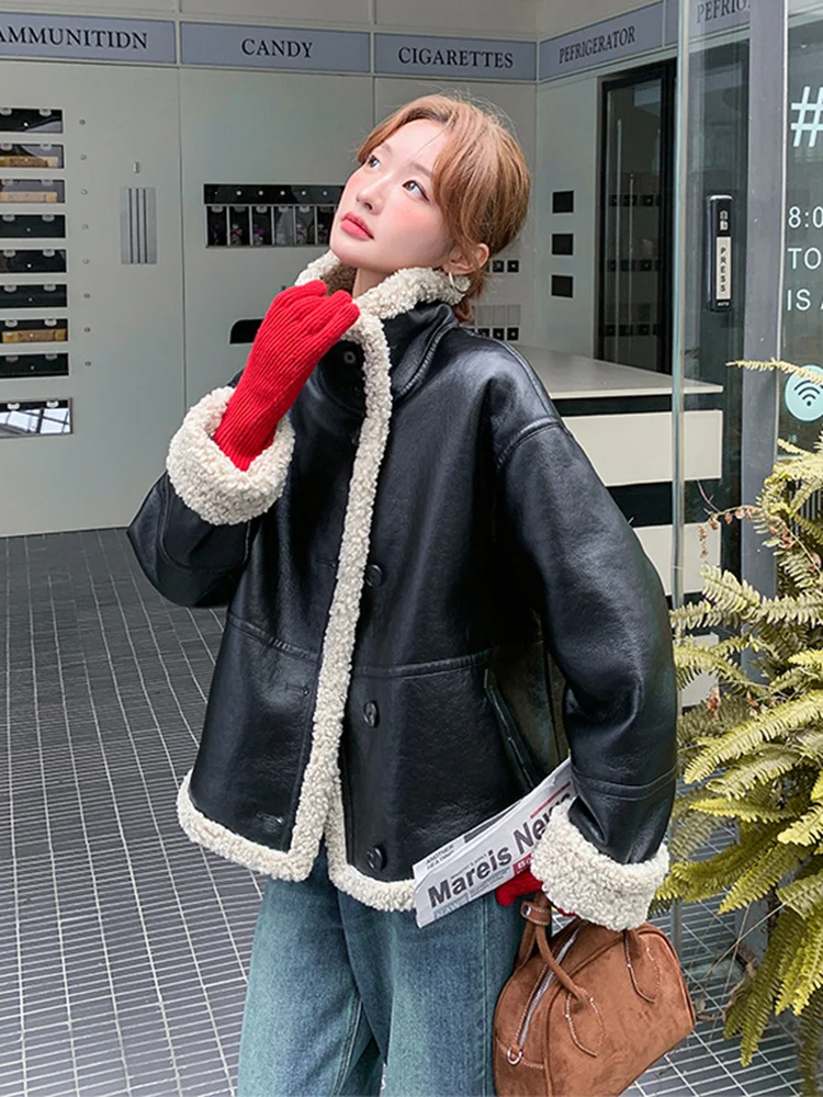 Ladies Thiened Double-Sided Wear Lamb Fur Coat Warm Commute Sle Stand Version Long Sve Button Closure No Hat