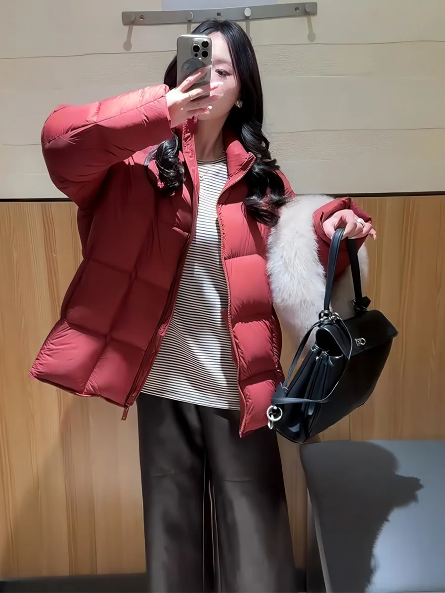 

Корейская женская зимняя куртка с воротником-стойкой, красная, теплая, с наполнителем из 90% белого пуха, верхняя одежда