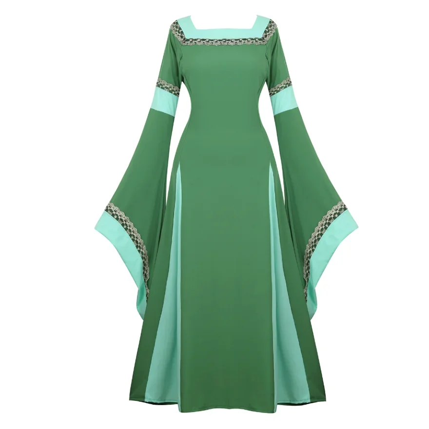 Frauen mittelalter liche Renaissance Trompeten ärmel Retro Loor Länge Kleid Spitze Trim Irish über langes Kleid Halloween Kostüm plus Größe