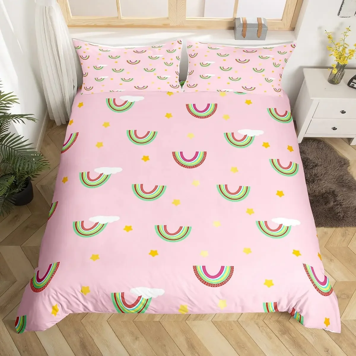

Cartoon Rainbow Bedding Set 3D Printed Simple Duvet Cover Set for Bedroom Decor Twin Double Size Birthday Gifts For Women Girls
