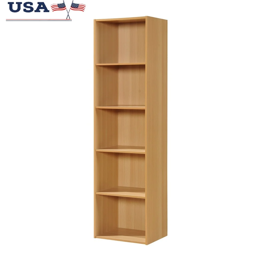 

5-Shelf Slim Bookcase Wood Composite Storage Unit Office Bedroom Kitchen Laundry Room Organizing Toys Books Clothes