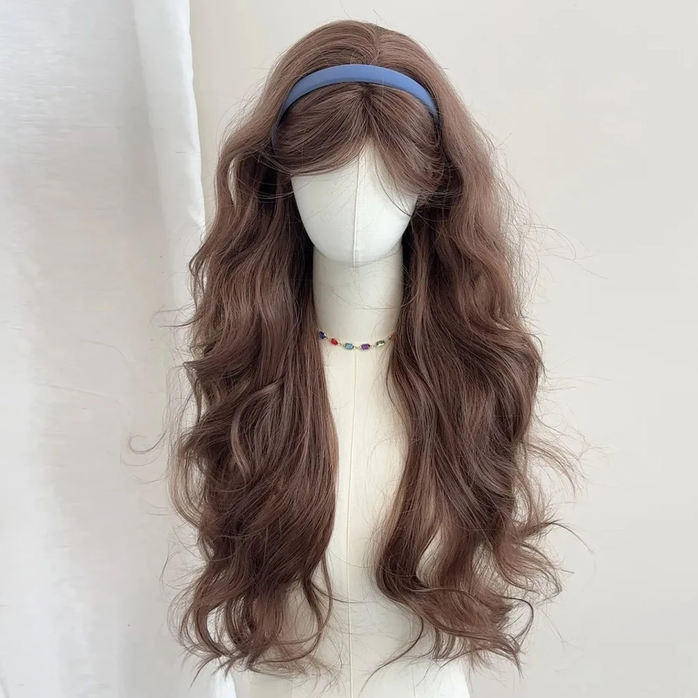 المرأة الاصطناعية طويلة متموجة رقيق الكتاني البني شعر مستعار مقاومة للحرارة الجزء الأوسط للكوسبلاي اليومي لوليتا تأثيري #3