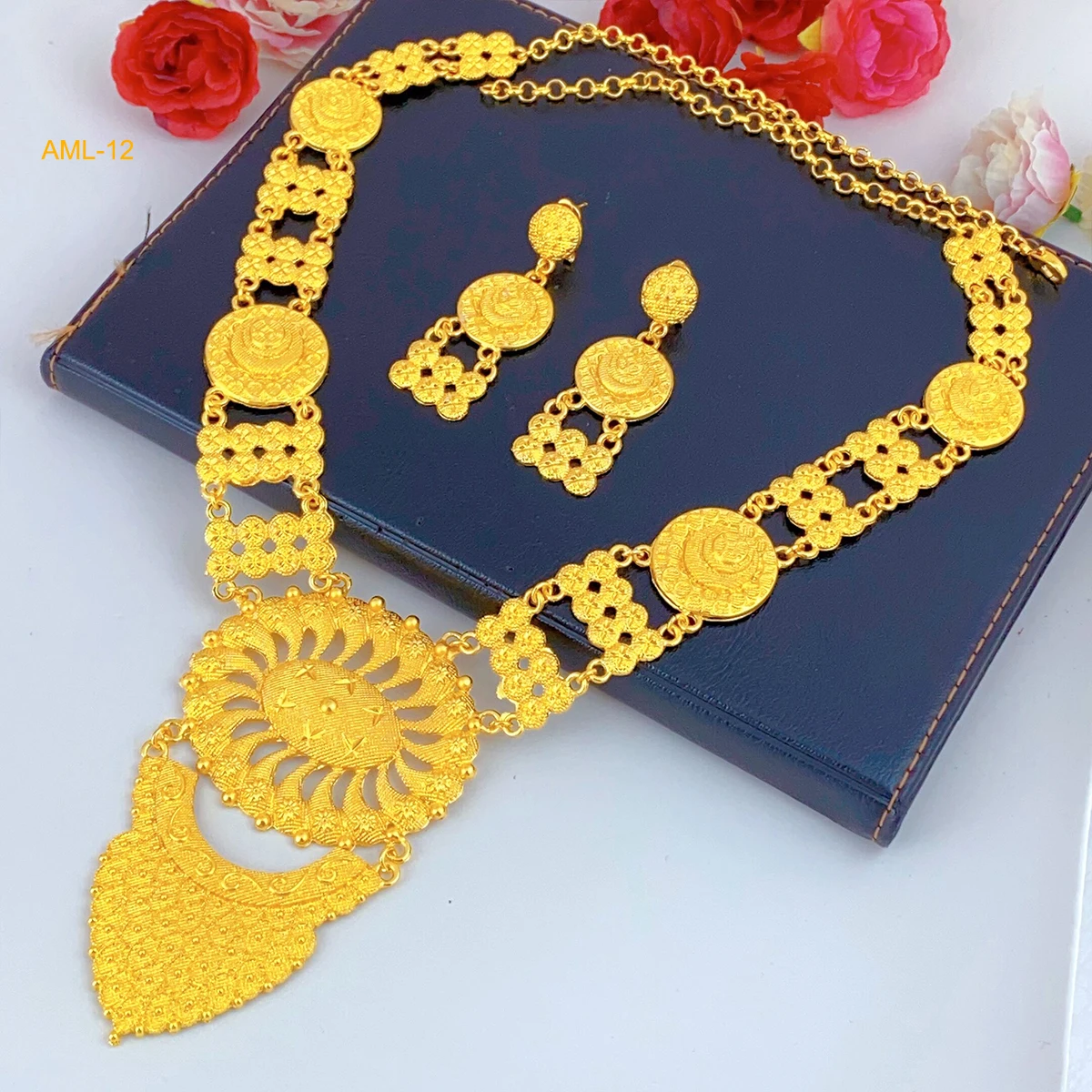 XuHuang African Gold Color Necklace Earring Sets Arab Ethiopia Nigeria Wedding Party Choke Ring Jewelry Dubai Gifts Wholesale