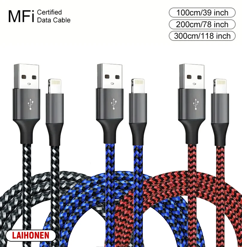 LAIHONEN 1M 2M 3M USB A zu Lightning MFi-zertifiziertes Kabel für iPhone 14 13 12 11 X XR Pro Max Schnellladekabel Ladegerät Datenkabel 6