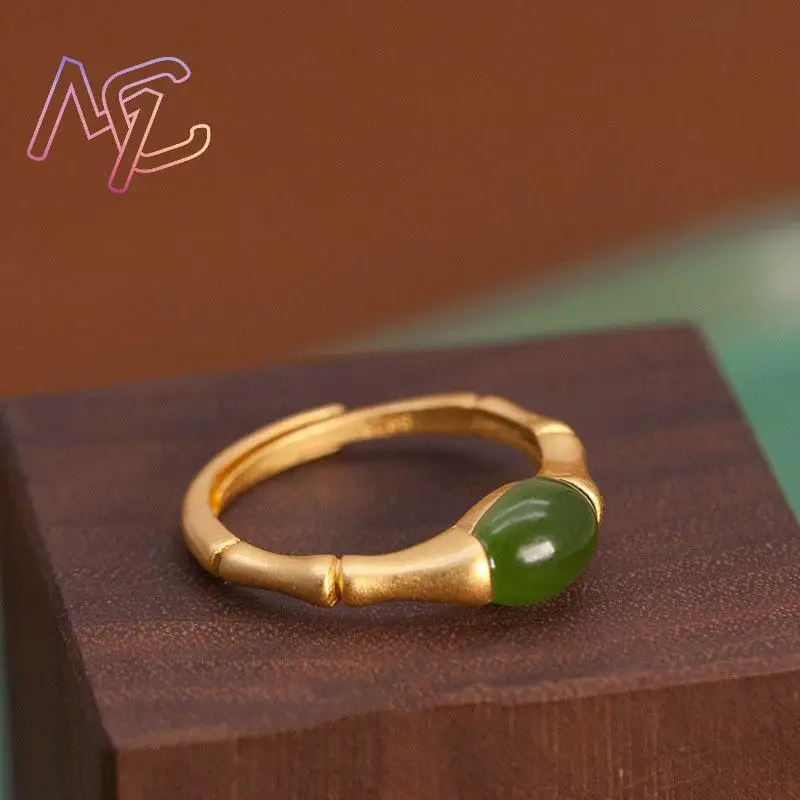 Green Natural Jade Bamboo Rings Stone Carved Gemstone Vintage Charm Lucky Talismans Adjustable Ring Real Jewelry view 2