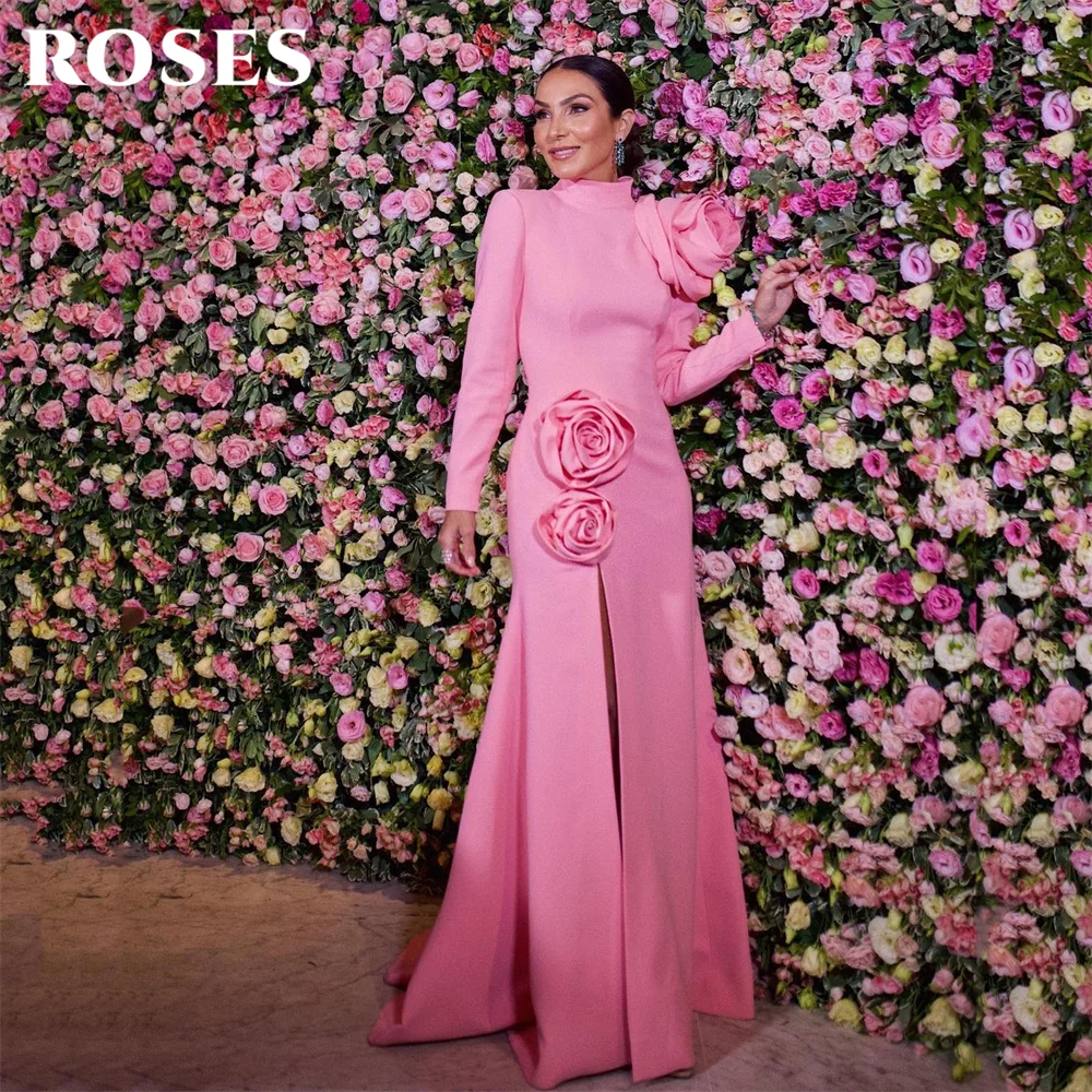 

ROSES Pink Evening Gown Regular Full Sleeve Prom Dress with 3D Floral robes de soirée Mermaid Formal Occasion Dresses Customized