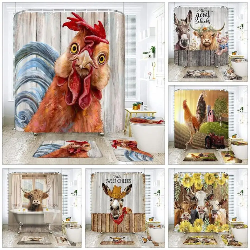 Shower Curtain Set Funny Rooster Farmhouse Country Animal Print Shower Curtain Bathroom Set (Light Brown) Bath Mat Bathroom Deco