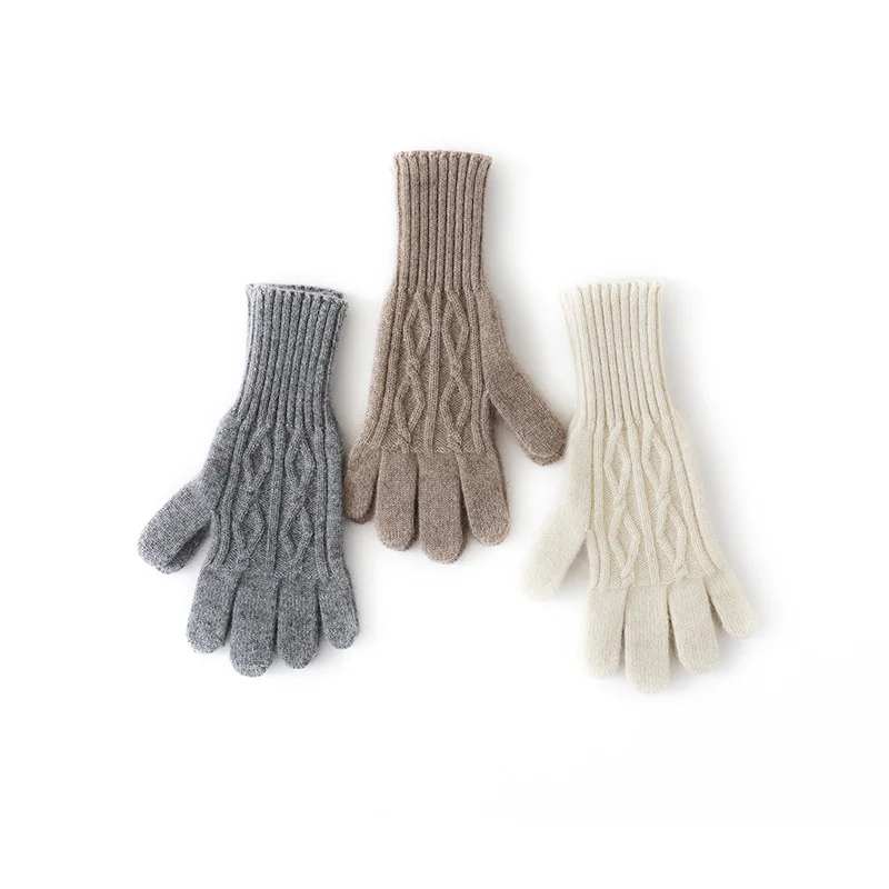 DjzDsm Women Cashmere Gloves Cable Knit Touchscreen Finger Hole Winter Autumn Warm Wrist Length Classic Gloves Female Mitten