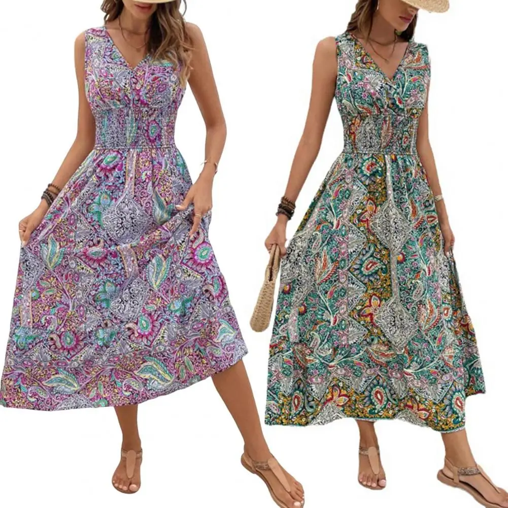 

2025 Women Printed Dress V-neck A-line Dress Bohemian V Neck Midi Dress for Women Colorful Print Off Shoulder Vacation Beach