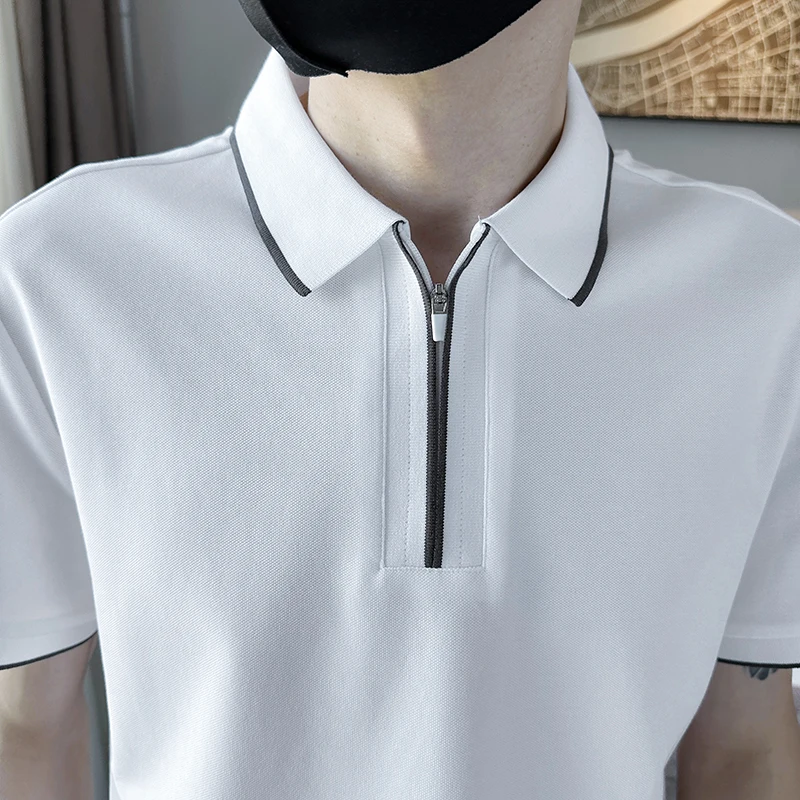 Fashion Casual POLO Shirts Mne's Summer Short Sleeve Slim Lapel Zipper T-shirts Tee Tops Business Social Streetwear Men Clothing image 6