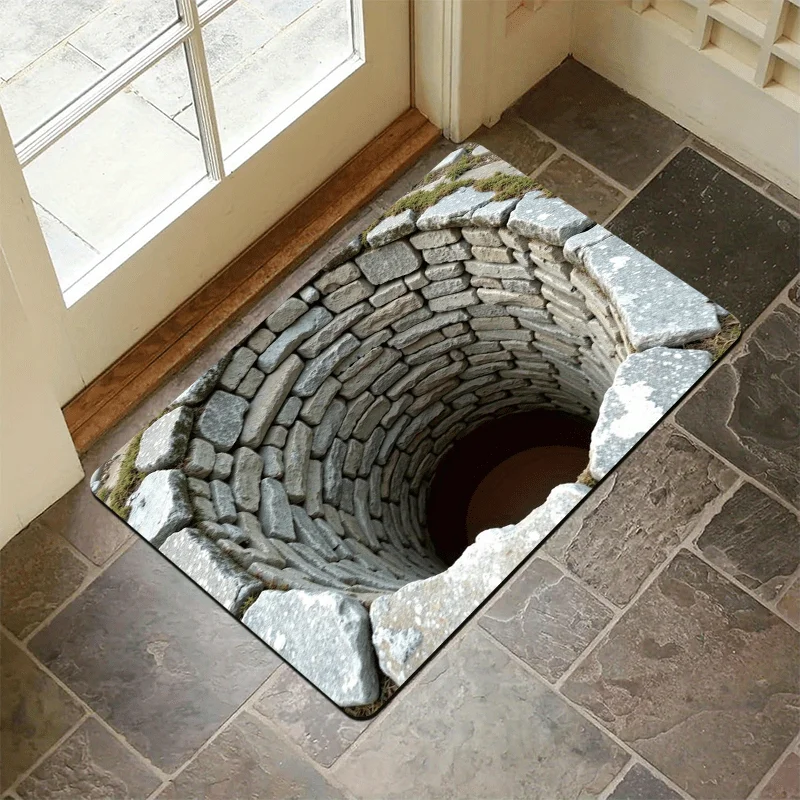 3D Stone Well Hole Flannel Rug Printed Carpet Indoor Decorative Entryway Floor Mat Anti Slip Soft Optical Illusion Design