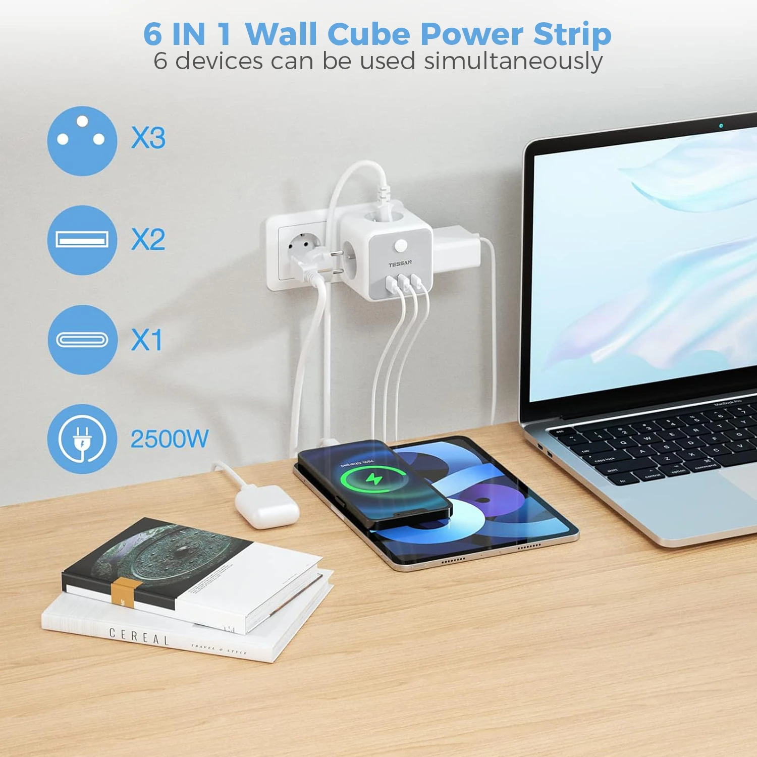 TESSAN FR Tomada de parede Cube Power Strip com 3 tomadas francesas e 3 portas de carregamento USB 6 em 1 Multi Tomadas Adaptador de tomada de alimentação