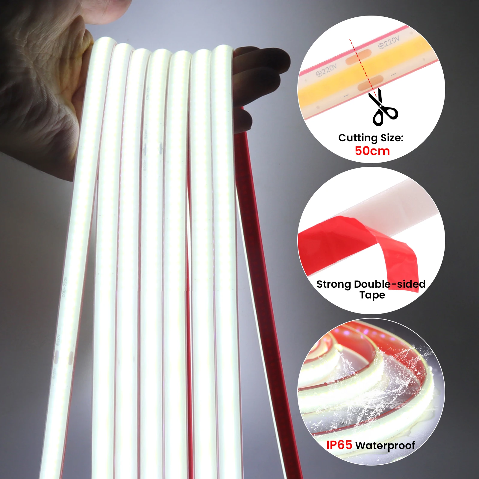 220V COB LED Strip Light EU Switch Plug IP67 Waterproof Self-adhesive Flexible Tape Ribbon High Density Linear Lighting Lamp