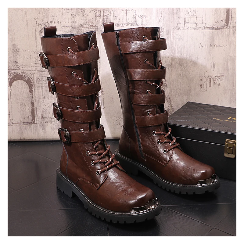 men luxury fashion stage nightclub platform boots black brown designer shoes cowboy natural leather boot high motorcycle botas