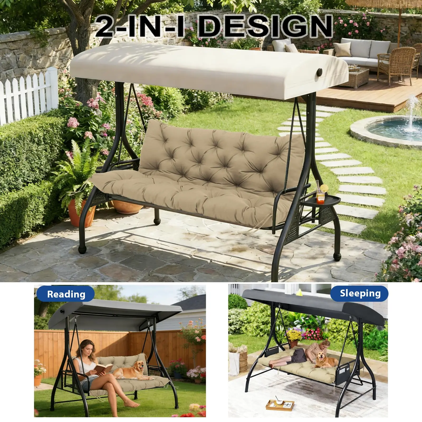 Swing Replacement Cushions for Outdoor: 2-3 Seater Bench Waterproof Cushion with Ties 4in Thick Swing Cushion for Garden
