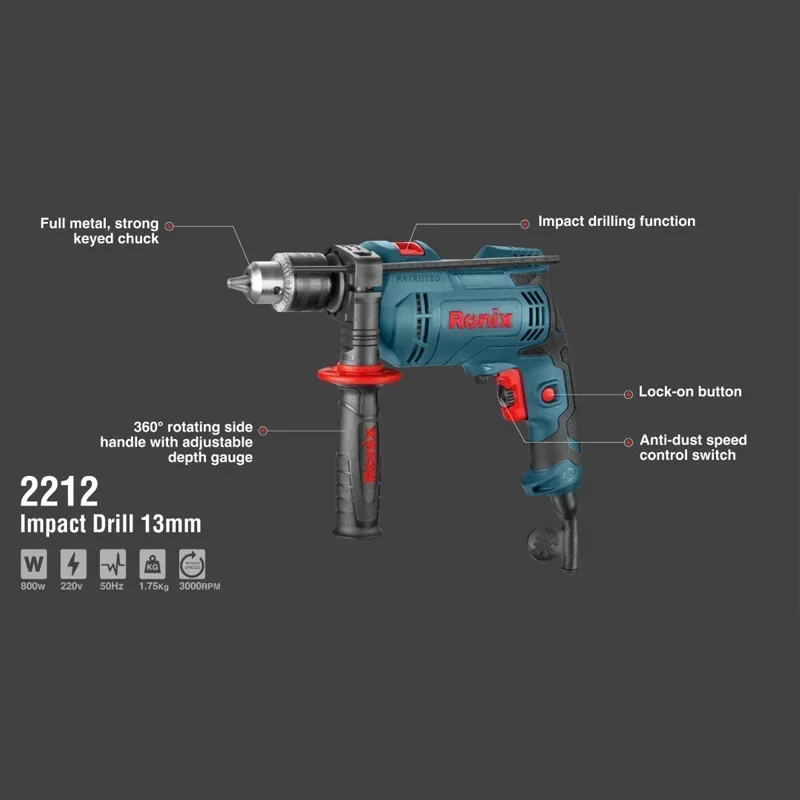 Model 2212 13mm 800W Professional Power Tools Electric Impact Electric Drill Power Tools Reinforced Concrete Variable Speed