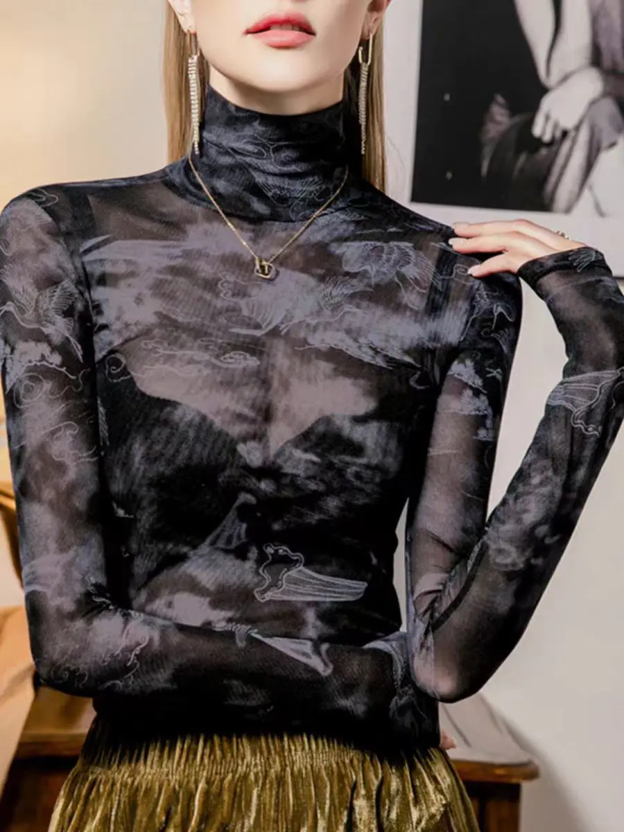 See Through Mesh Tshirt Girls Printed Tees Female Transparent Long Sleeve Half Turtleneck Thin Tie-dyed Tops