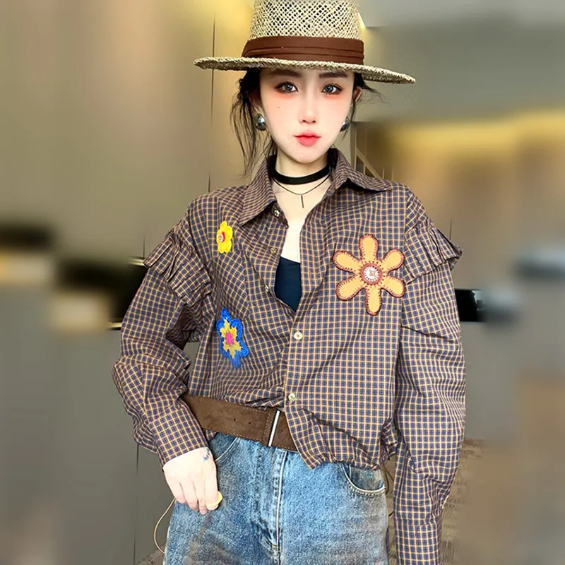 

Women's Blouses Plaid Brown Shirts Casual Party Flower Embroidery Appliques Shirts Young Ladies Preppy Casual Shirts Tops NZ253
