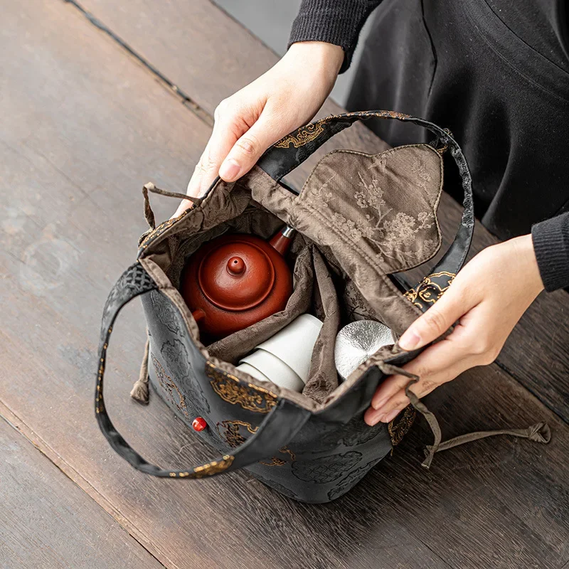 Chinese-Style Interwoven Silk Tea Bag Portable Travel Tea Set Storage Bag Brocade Teacup Bag Teapot Cloth Bag Travel Cup Bag