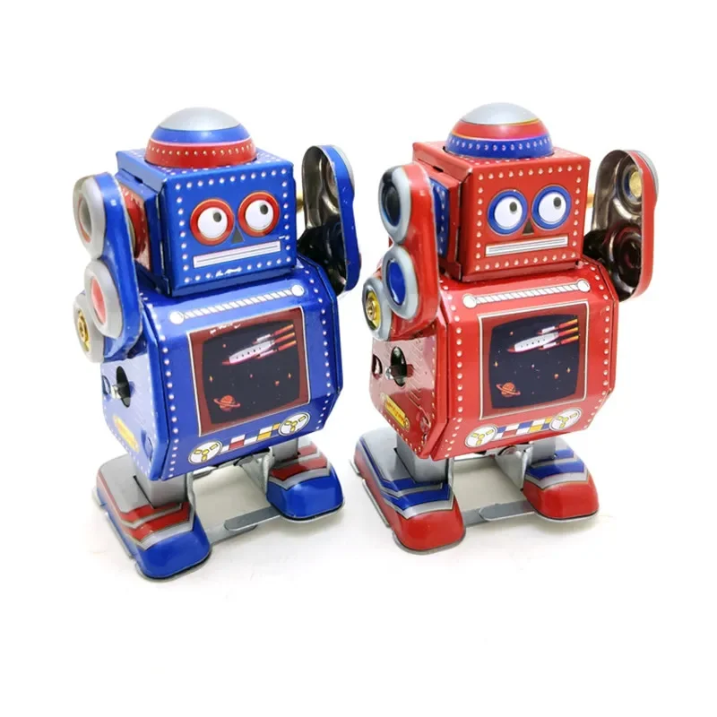 [Funny] Adult Collection Retro Wind up toy Metal Tin mini- robot Red/Blue Clockwork toy figure model vintage toy gift