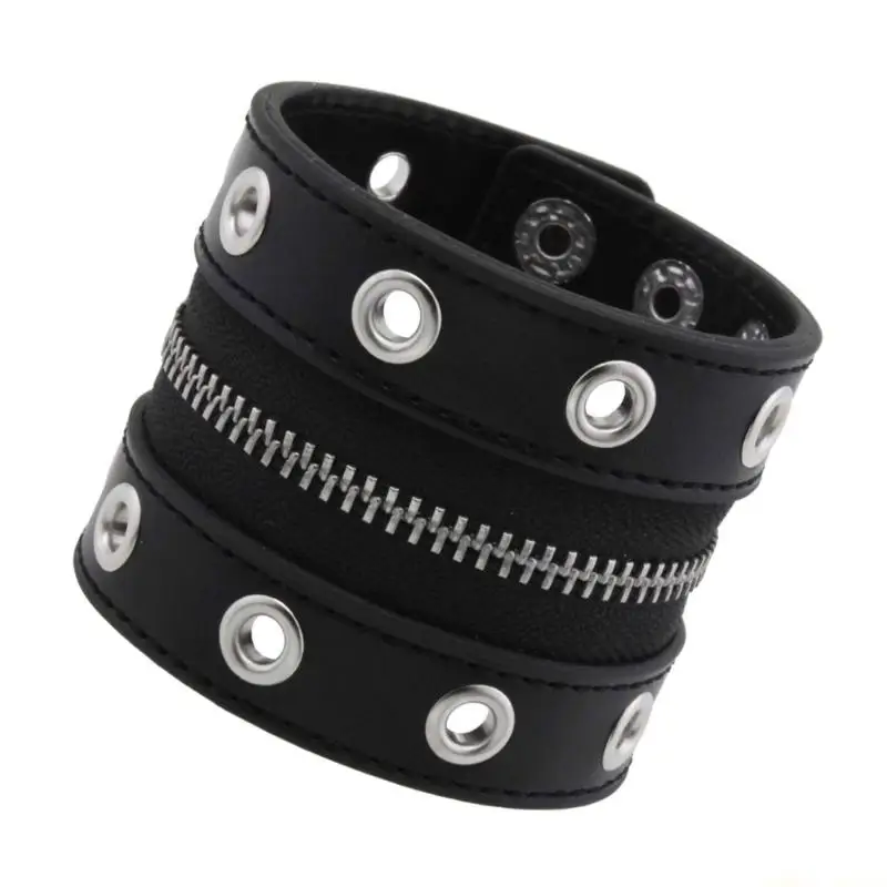 31BF Studded Wide Leather Cuff Bracelet With Middle Zipper Accent and Breathable PU Materials