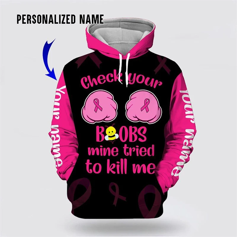 Breast Cancer Hoodie Men Women 3D Printing Custom Name Pullover Sweatshirt Overcoming Disease Personality Street Hoodies Autumn