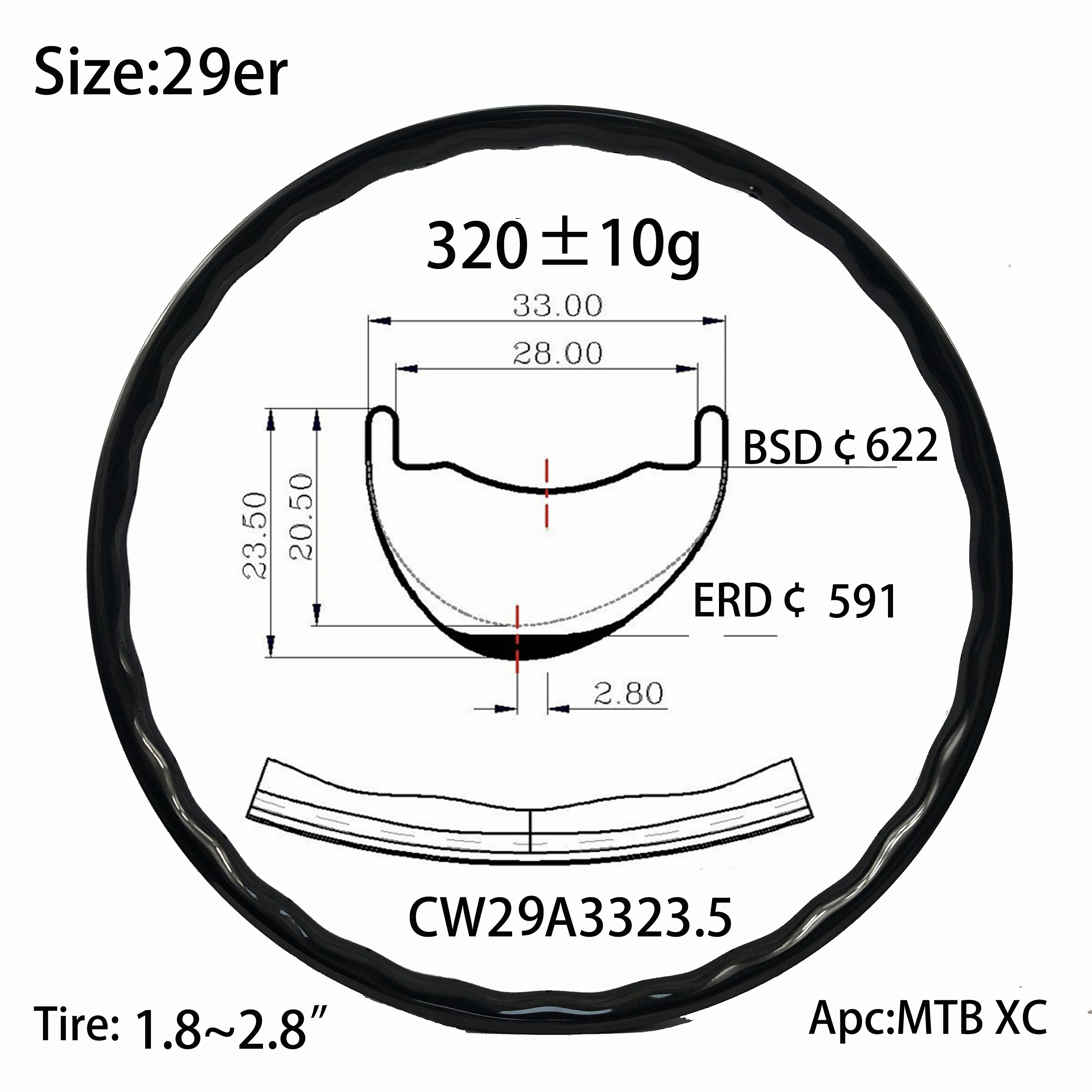 carbon rim asymmetry 33mm width 23.5mm depth wave design offset 2.8mm hookless easy be installed the tires wheel CN bike company