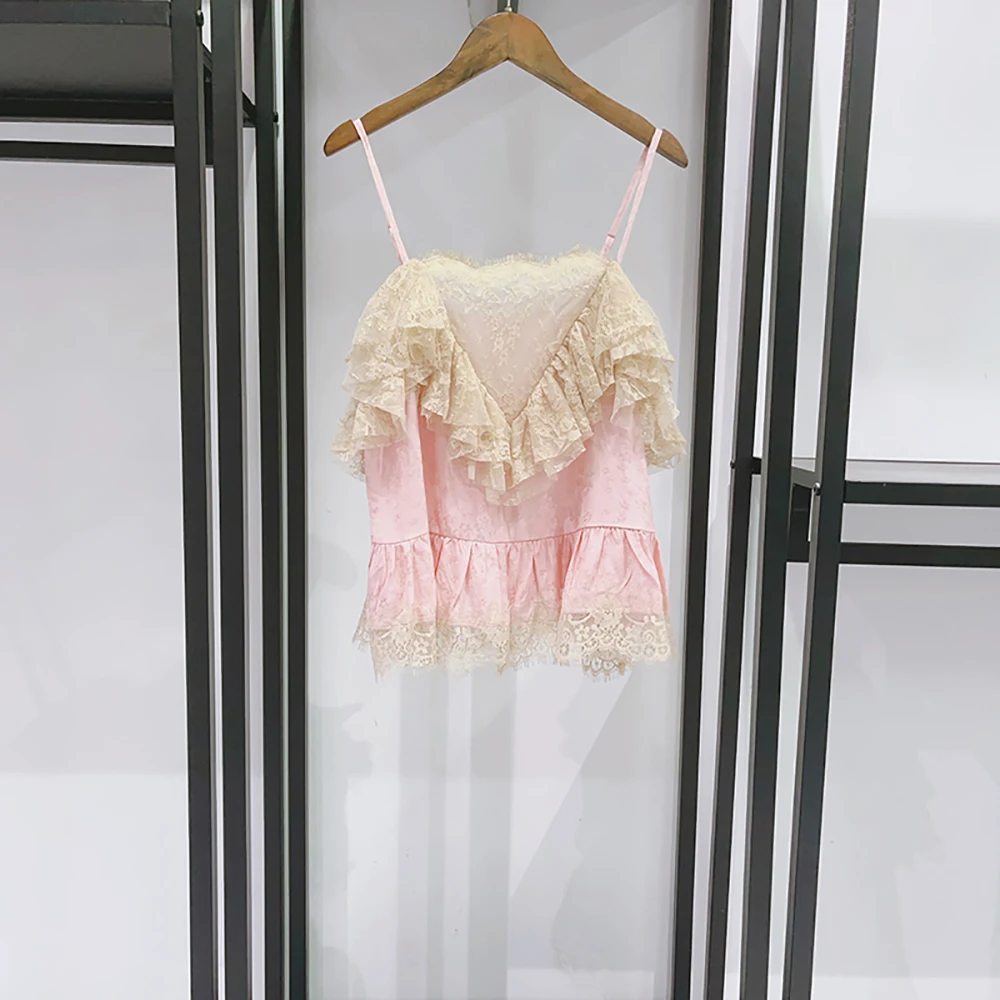 

Vintage Lace Ruffle Camisole Top for Women Cotton Blend Spaghetti Strap Peplum Cami Y2K Cute Summer Blouse Tank Top 4 Colors