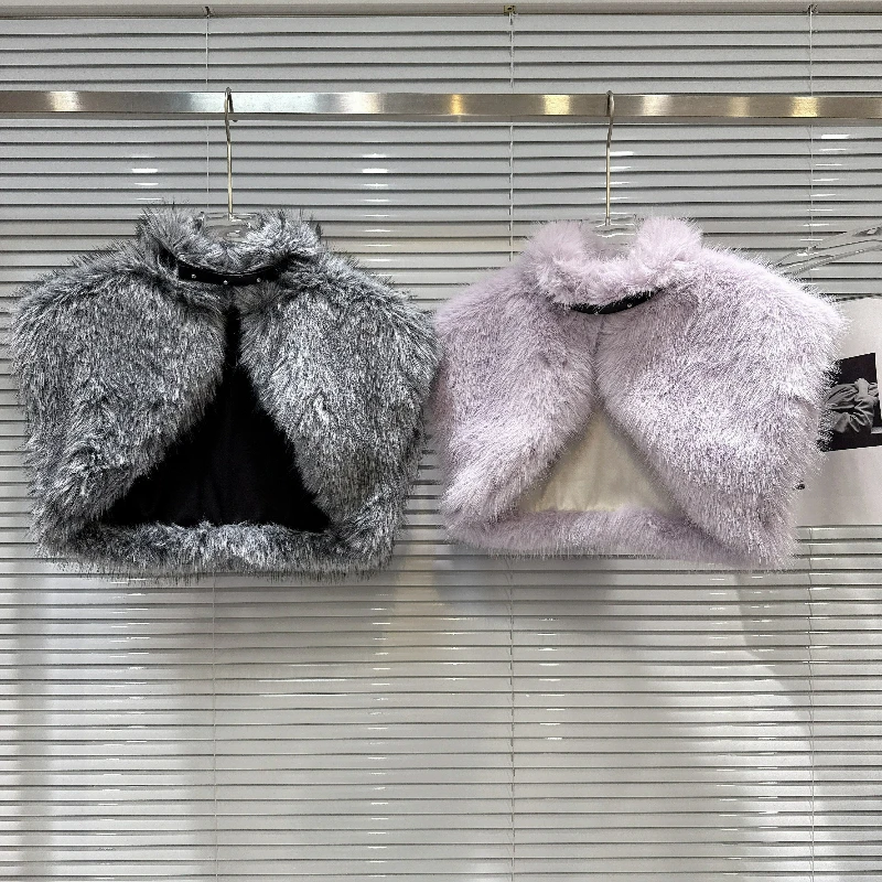 Women Faux Fur Cropped Cape Jacket Stand Collar Rivet Buckle Short Shawl Fluffy Furry Poncho Winter Warm Outerwear Female Coat