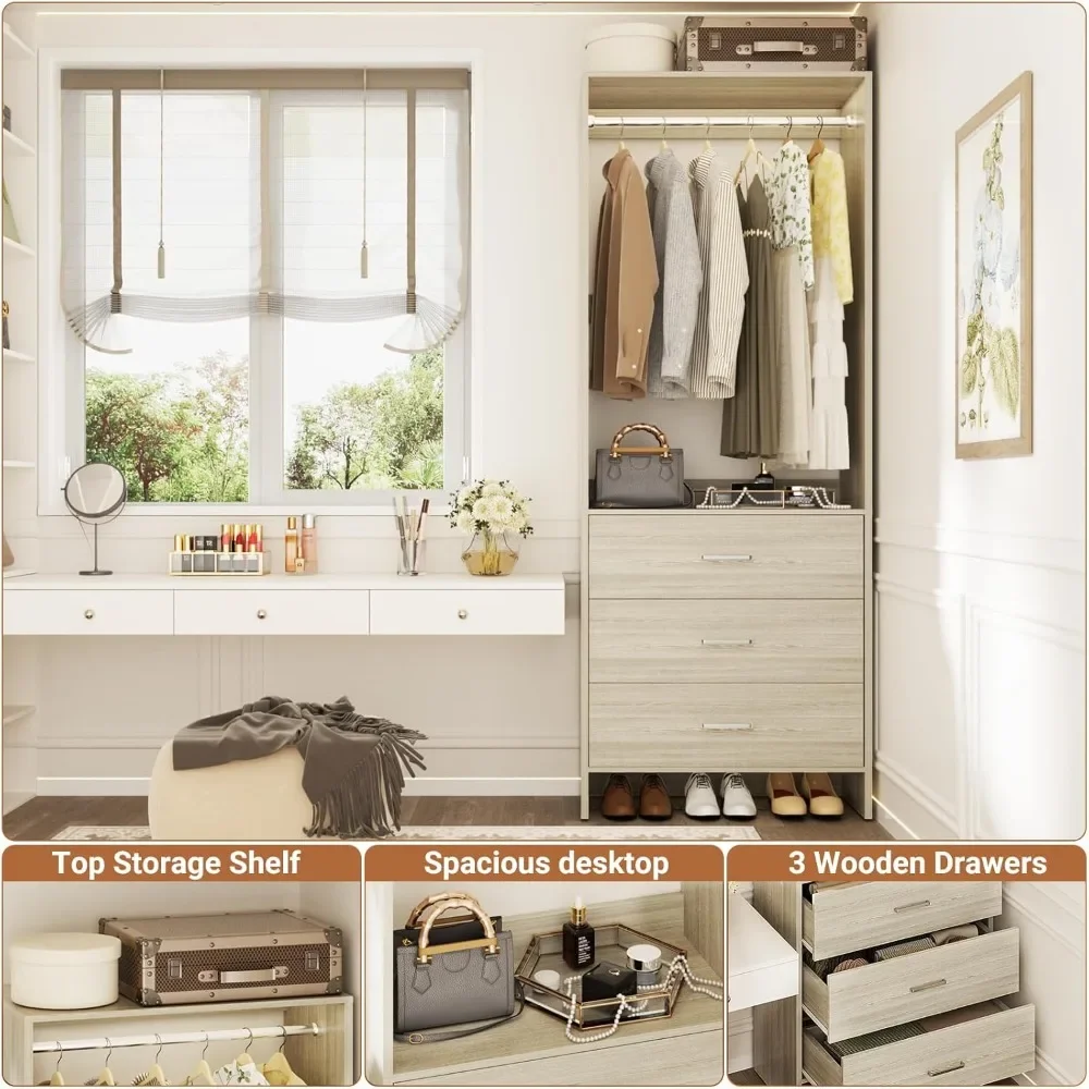 2FT Closet System with 3 Drawers, 24’’ Closet Organizer, Wood Closet Organizer System, Walk-in Closets or Small Closets