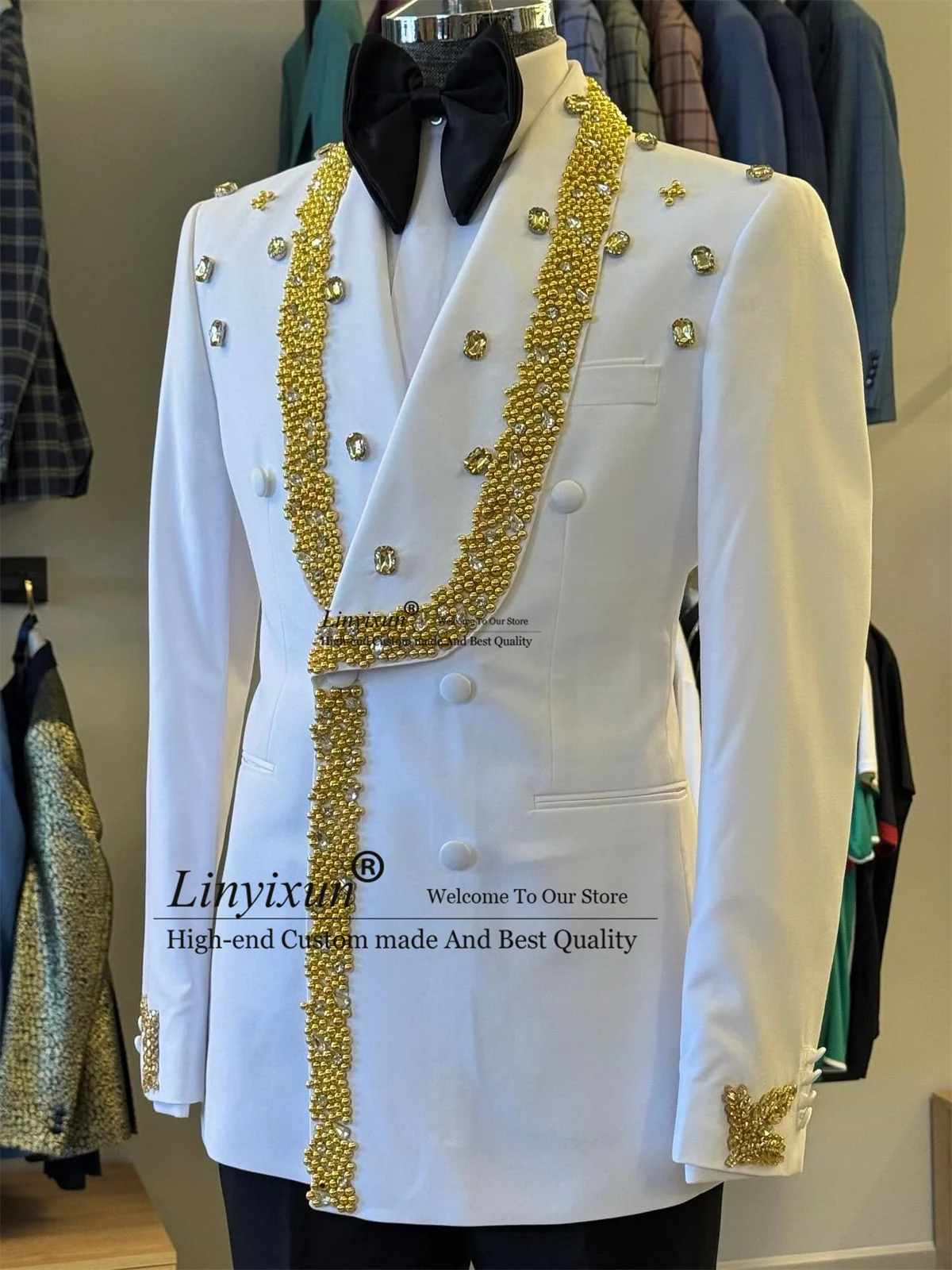 Trajes de Hombre de doble pecho con perlas de diamante de gama alta, conjuntos de 2 piezas, esmoquin para fiesta de boda, chaqueta ajustada personalizada para novio, Ropa para Hombre