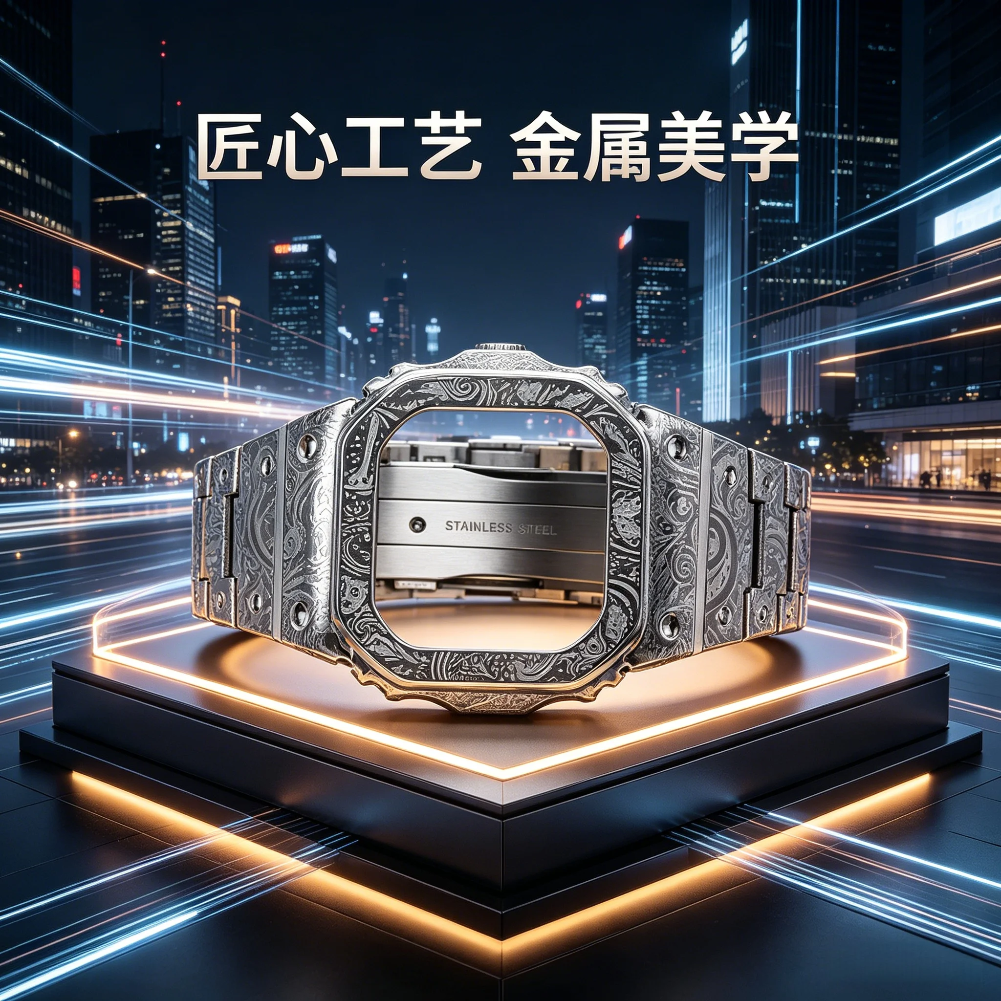 Engraved silver-tone metal bezel and strap conversion kit for Casio G-SHOCK DW5600 / DW5610 / B5600 – 316L stainless steel