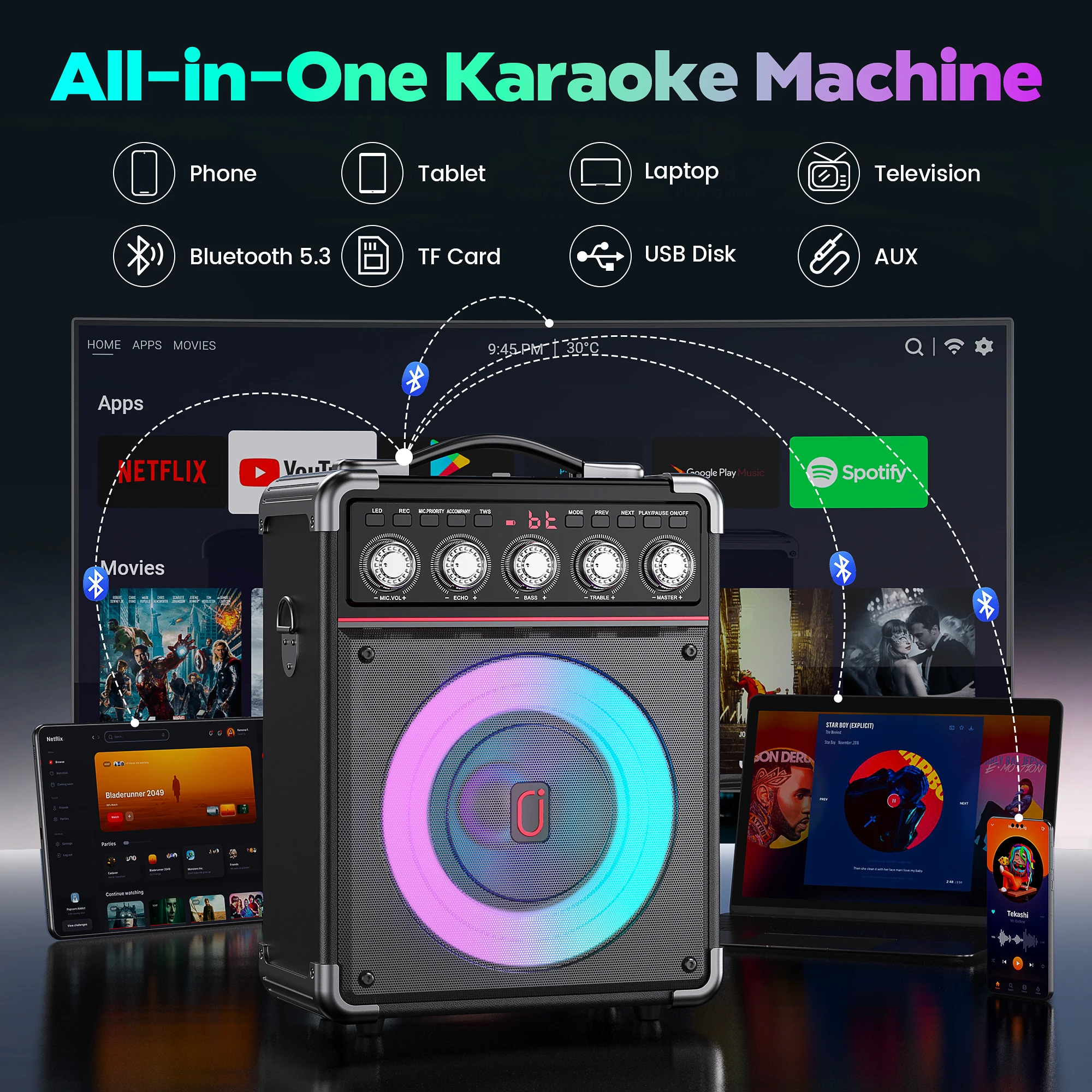 

TX05 Karaoke Machine with 2 Microphone, Bluetooth Karaoke Speaker with LED Light, Home Karaoke System Set, TX05