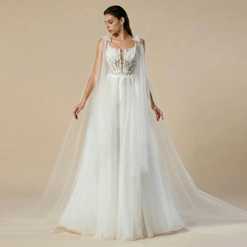 Customized  Elegant Shinny Wedding Dress For Woman Bride Mesh Bridal Gown with Sheer Cape and Bow Detail Bridal Gown