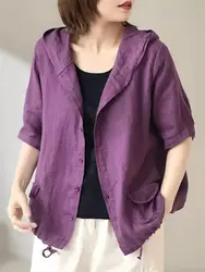 Japanese Thin Linen Jacket Women's Loose Fitting Hooded Short Sleeved Cotton Linen Cardigan Top 2024 Summer Shirt Coat K185