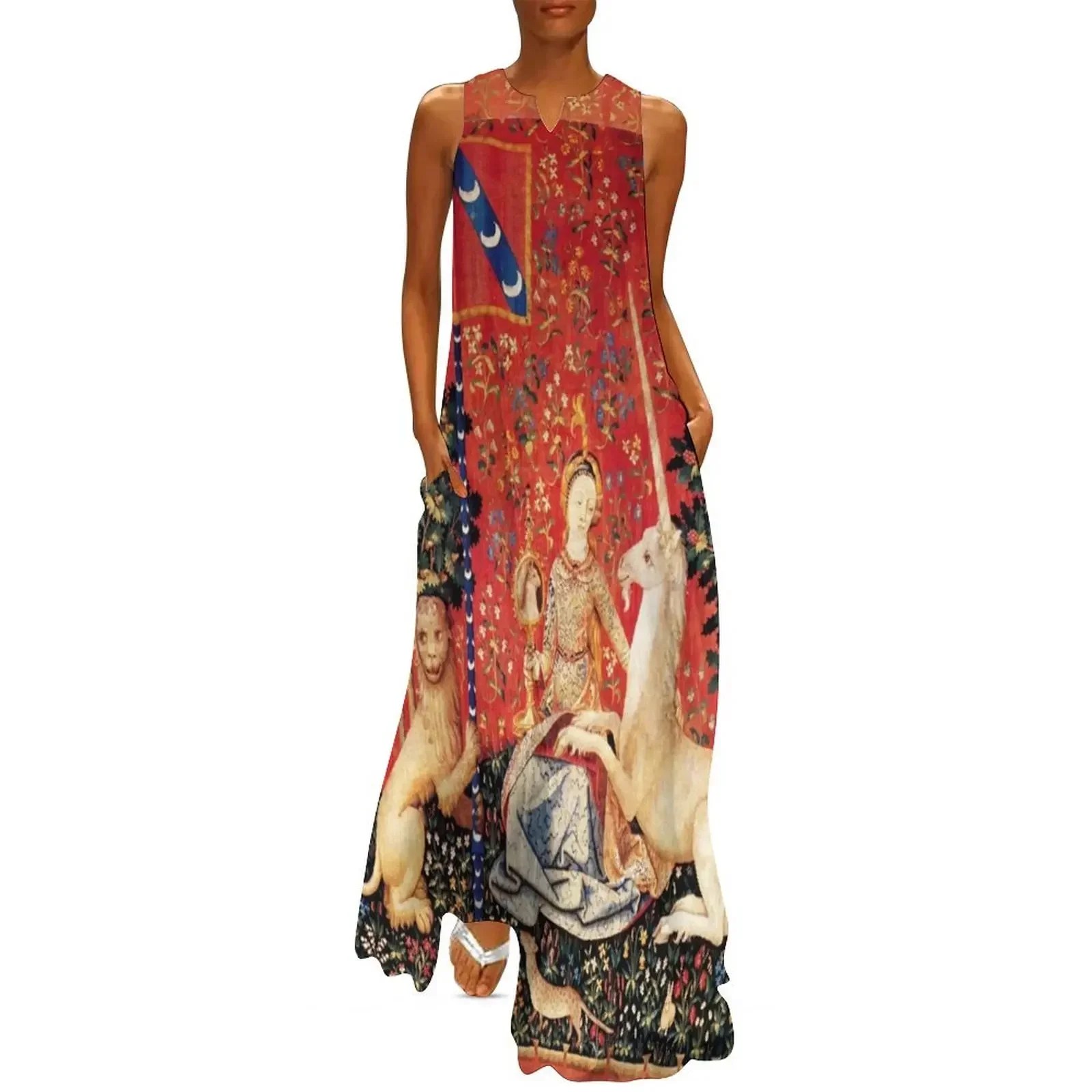 

LADY AND UNICORN ,SIGHT Red Green Fantasy Flowers,Animals Long Dress Women's skirt clothes Woman clothing Dress