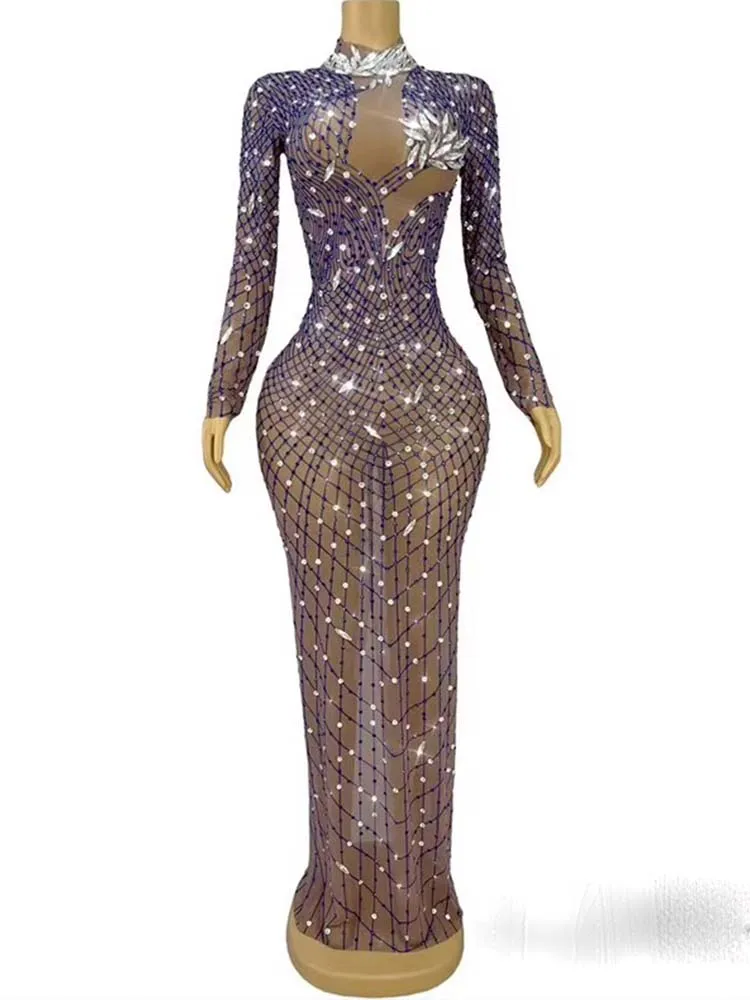 고품질 핫 스탬핑 섹시한 메쉬 탄성 드레스를 통해 볼 2025 새로운 패션 맞춤 여성 의류